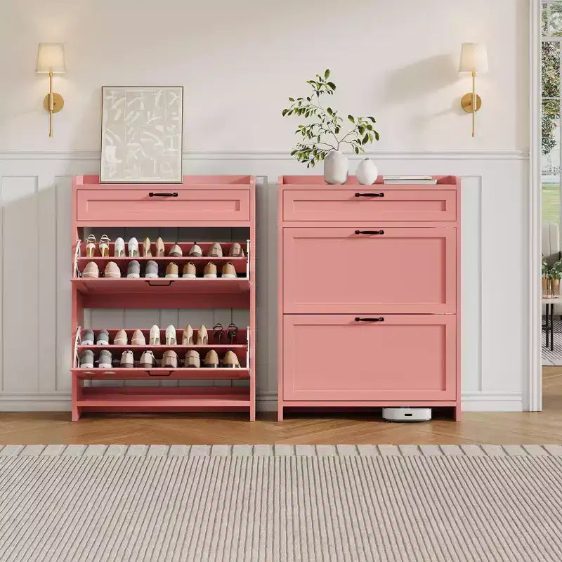 Meuble à chaussures, Meuble de rangement pour chaussures en bois peint brillant avec 2 tiroirs basculants et 1 tiroir supérieur, étagères réglables, organiseur dissimulé sur pied