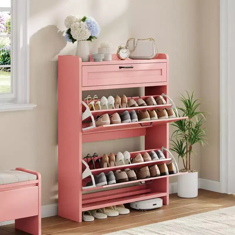 Meuble à chaussures, Meuble de rangement pour chaussures en bois peint brillant avec 2 tiroirs basculants et 1 tiroir supérieur, étagères réglables, organiseur dissimulé sur pied
