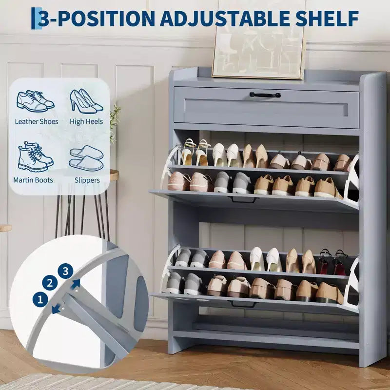 Meuble à chaussures, Meuble de rangement pour chaussures en bois peint brillant avec 2 tiroirs basculants et 1 tiroir supérieur, étagères réglables, organiseur dissimulé sur pied