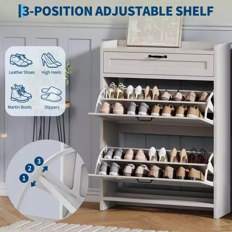 Meuble à chaussures, Meuble de rangement pour chaussures en bois peint brillant avec 2 tiroirs basculants et 1 tiroir supérieur, étagères réglables, organiseur dissimulé sur pied