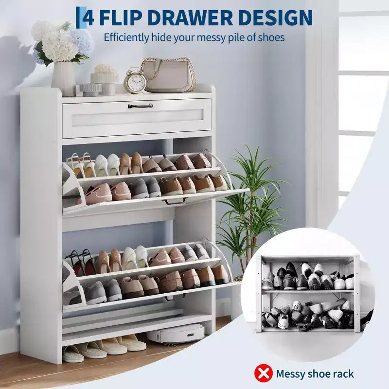 Meuble à chaussures, Meuble de rangement pour chaussures en bois peint brillant avec 2 tiroirs basculants et 1 tiroir supérieur, étagères réglables, organiseur dissimulé sur pied