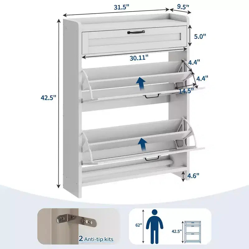 Meuble à chaussures, Meuble de rangement pour chaussures en bois peint brillant avec 2 tiroirs basculants et 1 tiroir supérieur, étagères réglables, organiseur dissimulé sur pied