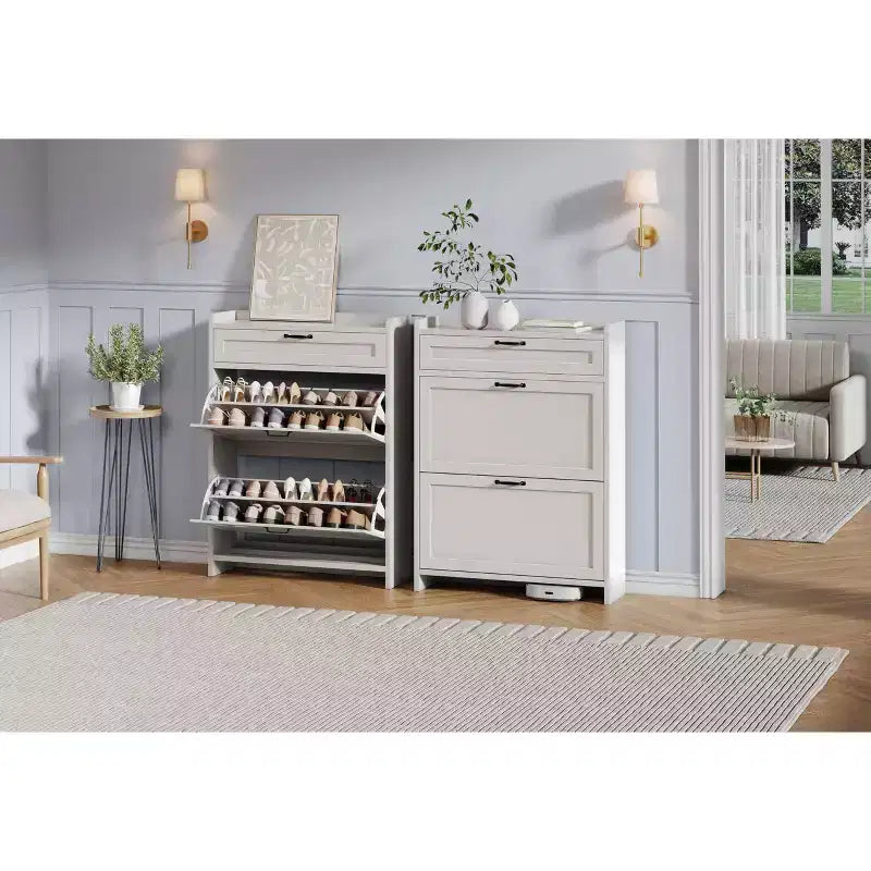 Meuble à chaussures, Meuble de rangement pour chaussures en bois peint brillant avec 2 tiroirs basculants et 1 tiroir supérieur, étagères réglables, organiseur dissimulé sur pied