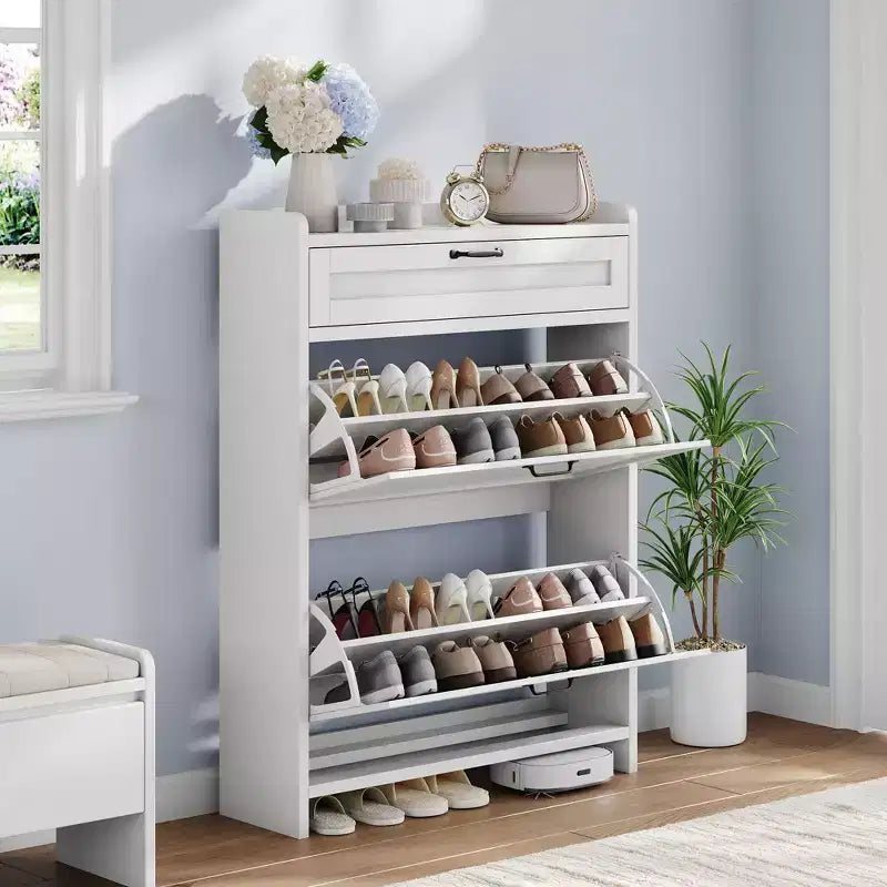 Meuble à chaussures, Meuble de rangement pour chaussures en bois peint brillant avec 2 tiroirs basculants et 1 tiroir supérieur, étagères réglables, organiseur dissimulé sur pied