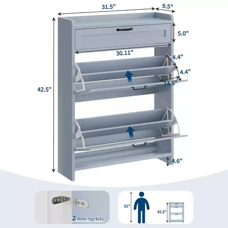 Meuble à chaussures, Meuble de rangement pour chaussures en bois peint brillant avec 2 tiroirs basculants et 1 tiroir supérieur, étagères réglables, organiseur dissimulé sur pied