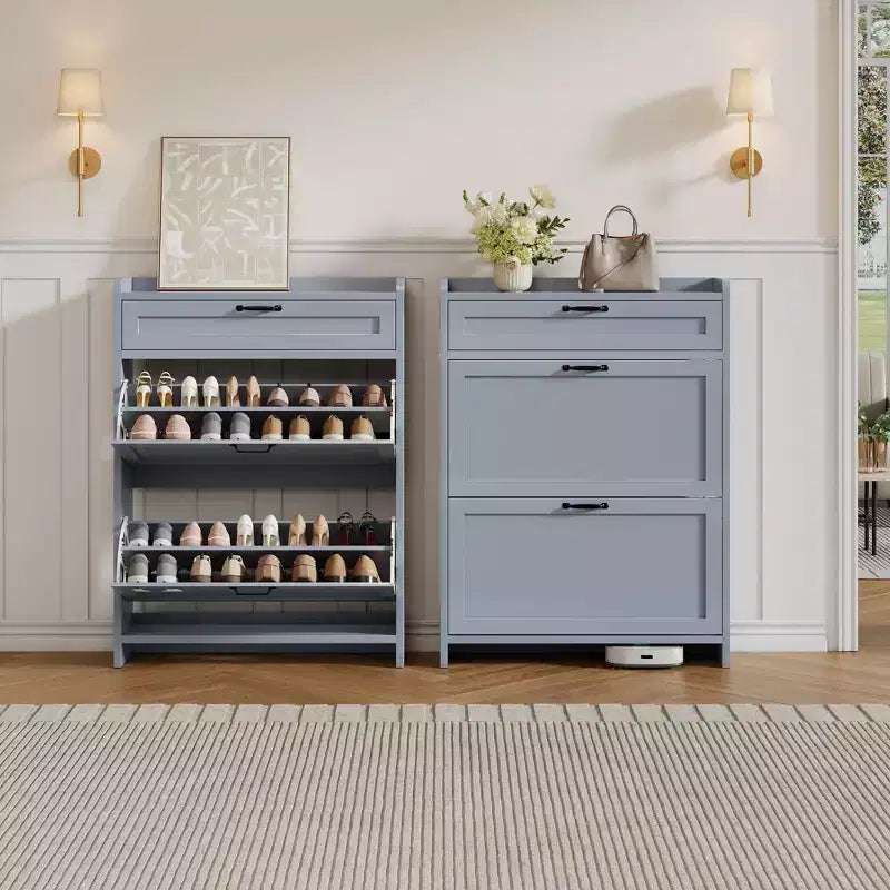 Meuble à chaussures, Meuble de rangement pour chaussures en bois peint brillant avec 2 tiroirs basculants et 1 tiroir supérieur, étagères réglables, organiseur dissimulé sur pied