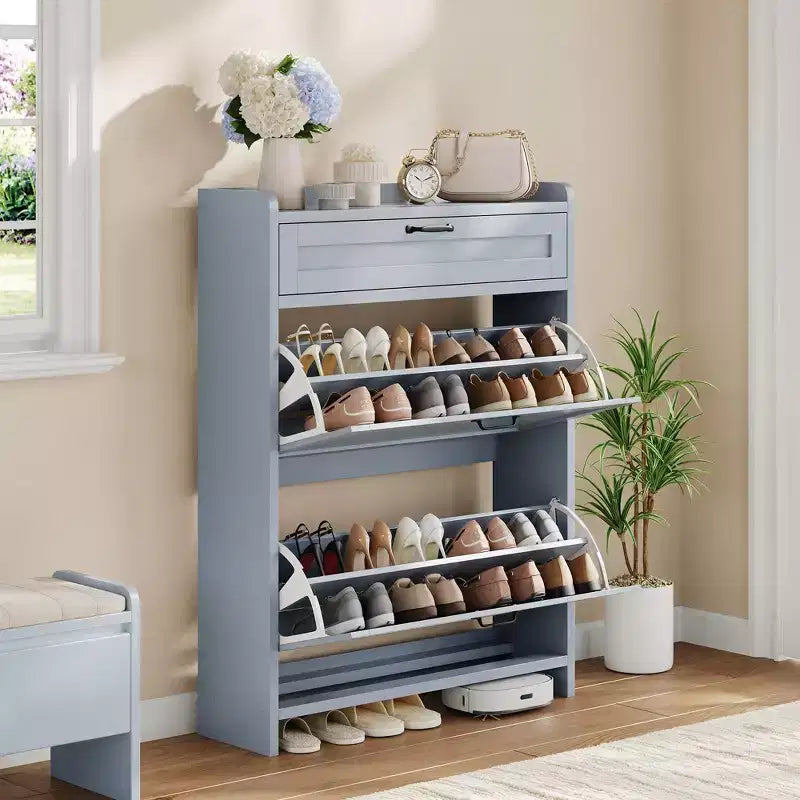 Meuble à chaussures, Meuble de rangement pour chaussures en bois peint brillant avec 2 tiroirs basculants et 1 tiroir supérieur, étagères réglables, organiseur dissimulé sur pied