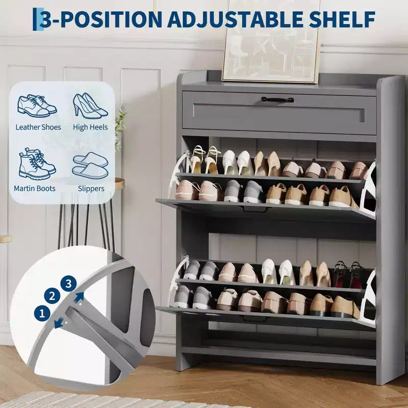 Meuble à chaussures, Meuble de rangement pour chaussures en bois peint brillant avec 2 tiroirs basculants et 1 tiroir supérieur, étagères réglables, organiseur dissimulé sur pied
