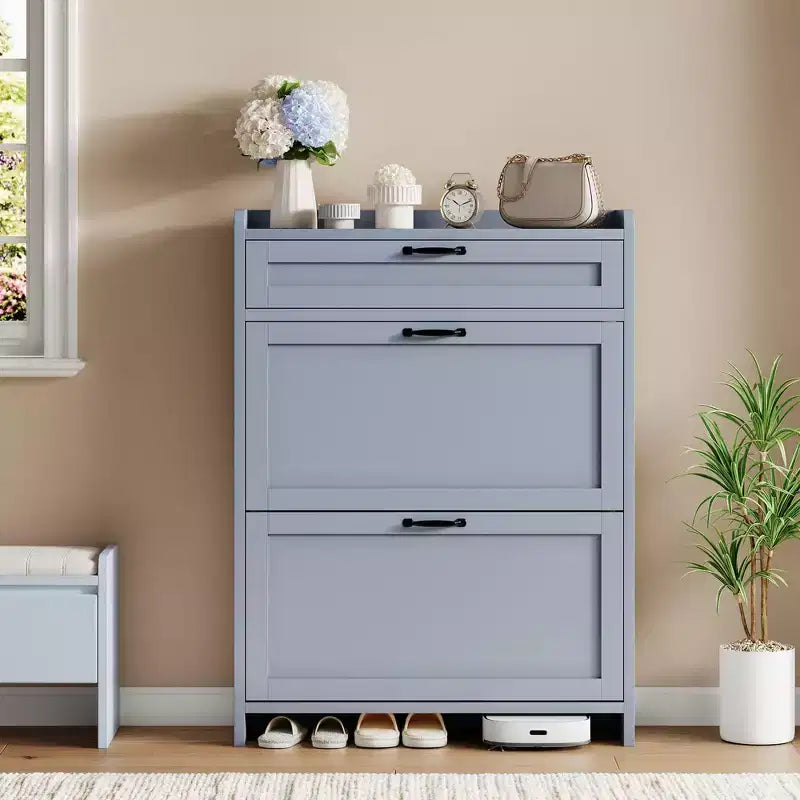 Shoe Cabinet, Shoe Storage Cabinet  High-Gloss Painted Wood with 2 Flip Drawers &amp; 1 Top Drawer, Adjustable Shelves, Freestanding Hidden Organizer