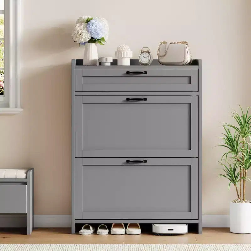 Meuble à chaussures, Meuble de rangement pour chaussures en bois peint brillant avec 2 tiroirs basculants et 1 tiroir supérieur, étagères réglables, organiseur dissimulé sur pied