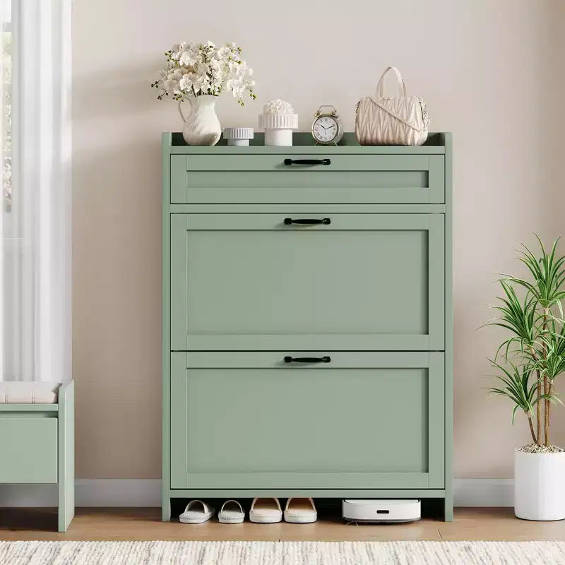 Meuble à chaussures, Meuble de rangement pour chaussures en bois peint brillant avec 2 tiroirs basculants et 1 tiroir supérieur, étagères réglables, organiseur dissimulé sur pied