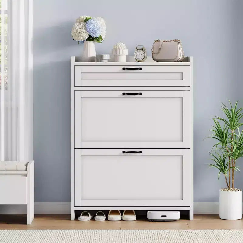 Meuble à chaussures, Meuble de rangement pour chaussures en bois peint brillant avec 2 tiroirs basculants et 1 tiroir supérieur, étagères réglables, organiseur dissimulé sur pied