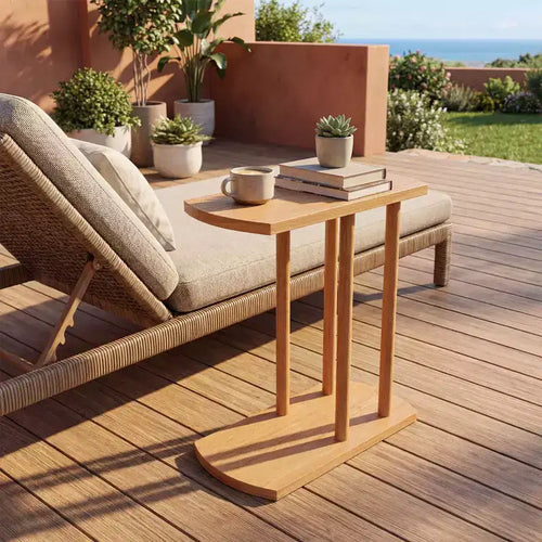 1/2 table d'appoint en teck en forme de C avec plateau épaissi et base robuste pour les petits espaces