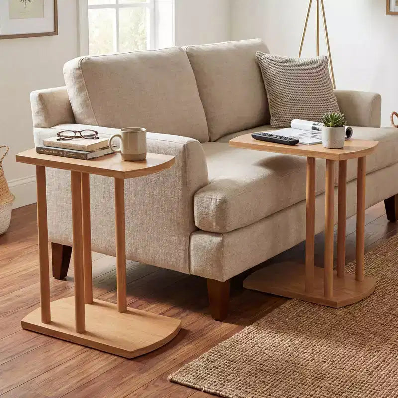 1/2 table d'appoint en teck en forme de C avec plateau épaissi et base robuste pour les petits espaces