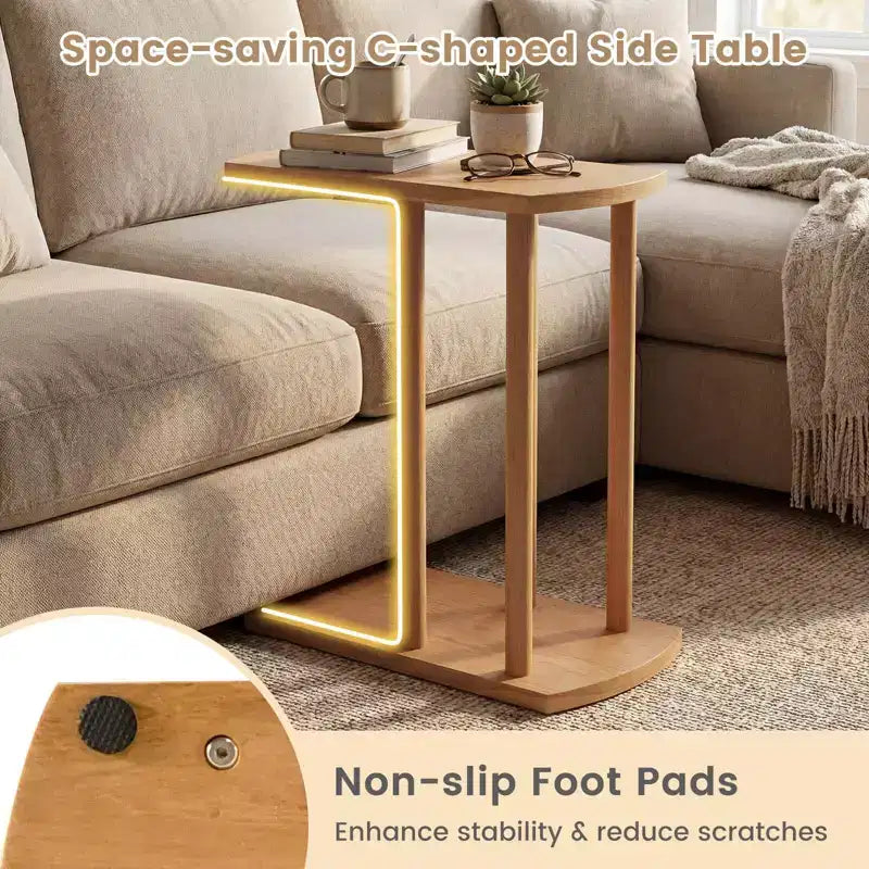 1/2 table d'appoint en teck en forme de C avec plateau épaissi et base robuste pour les petits espaces