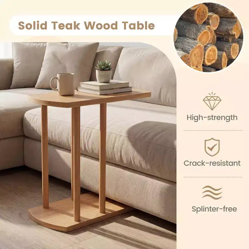 1/2 table d'appoint en teck en forme de C avec plateau épaissi et base robuste pour les petits espaces