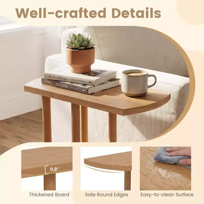 1/2 table d'appoint en teck en forme de C avec plateau épaissi et base robuste pour les petits espaces