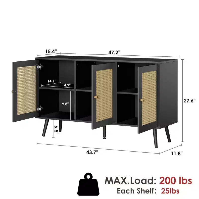 Buffet en rotin de 47,2 po avec 3 portes pour cuisine, salon, entrée, salle à manger