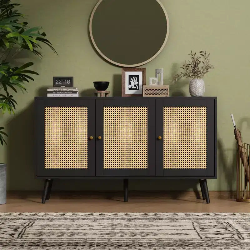 Buffet en rotin de 47,2 po avec 3 portes pour cuisine, salon, entrée, salle à manger