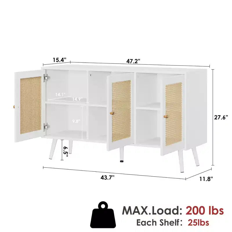 Buffet en rotin de 47,2 po avec 3 portes pour cuisine, salon, entrée, salle à manger