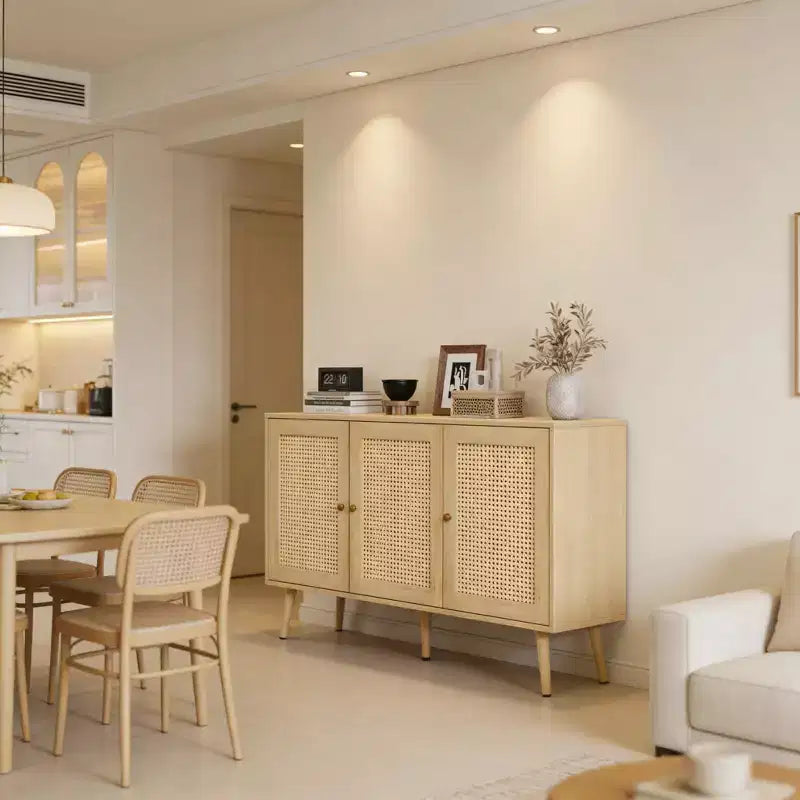 Buffet en rotin de 47,2 po avec 3 portes pour cuisine, salon, entrée, salle à manger
