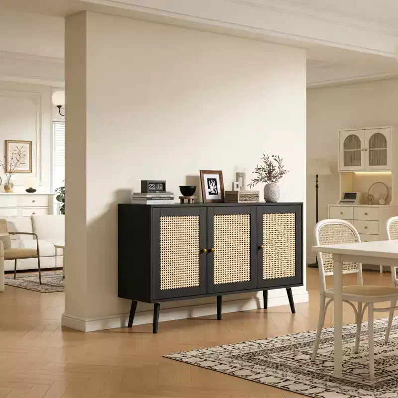 Buffet en rotin de 47,2 po avec 3 portes pour cuisine, salon, entrée, salle à manger