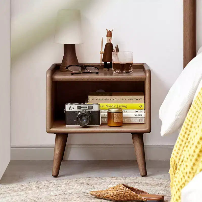 Mid-Century Modern Nightstand Sliding Door Round/Cylinder Solid Wood (W128367505)